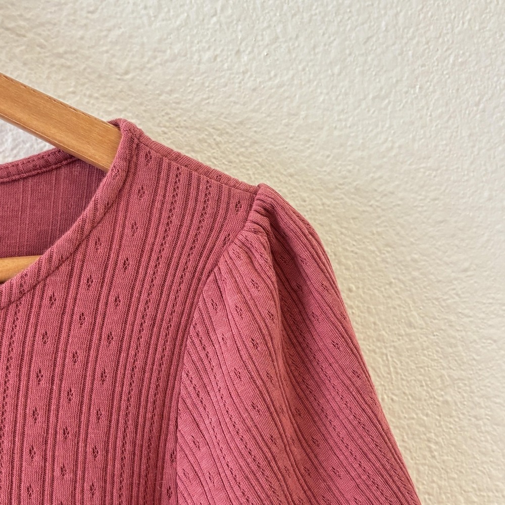 Sezane Crochet Puff Sleeve Tee Top Womens Size L Pink Jersey Feminine Boho - Picture 4 of 9